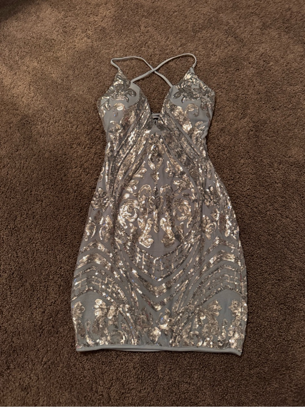 Windsor Silver and Blue Sequin Mini Dress with Crisscross Straps